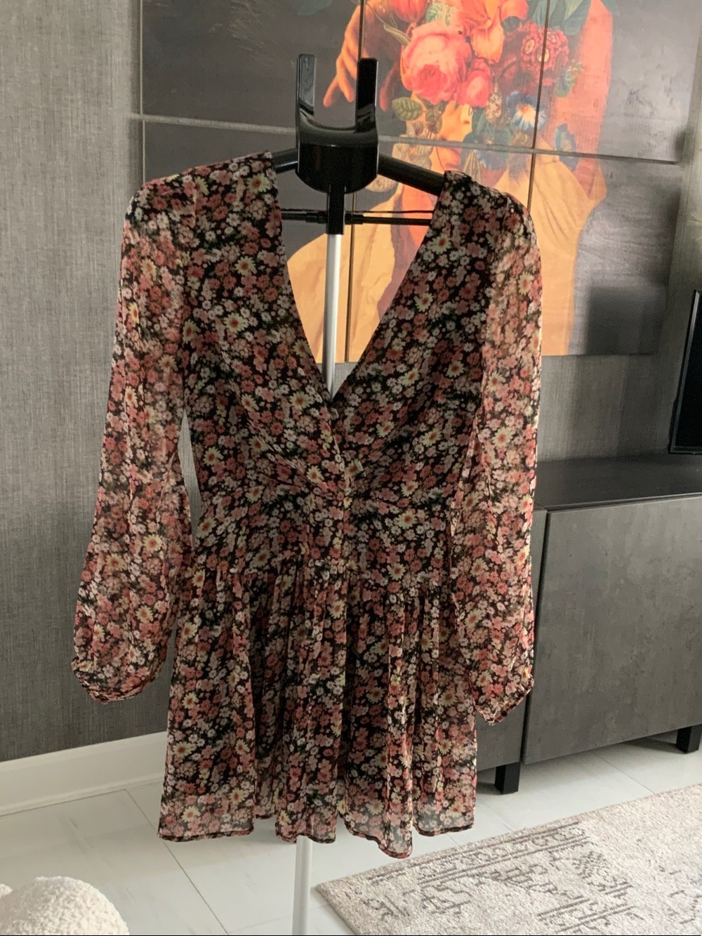 Bardot Floral Long-Sleeve V-Neck Mini Dress in Black and Pink S